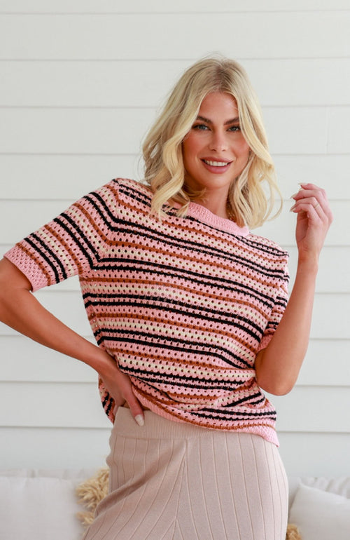 Evie Crochet Tee - Pink Multi